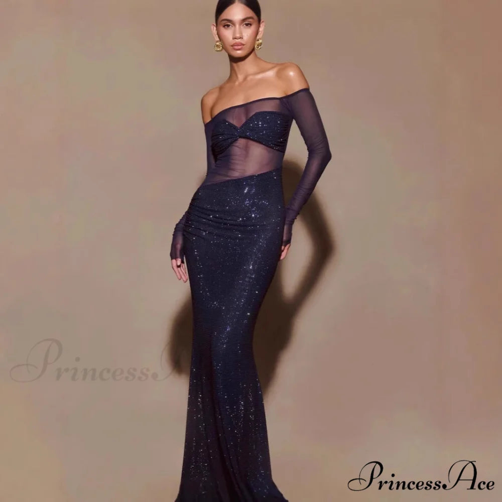 Stylish Single-Shoulder Sparkling Fitted Prom Gown promdress-250223