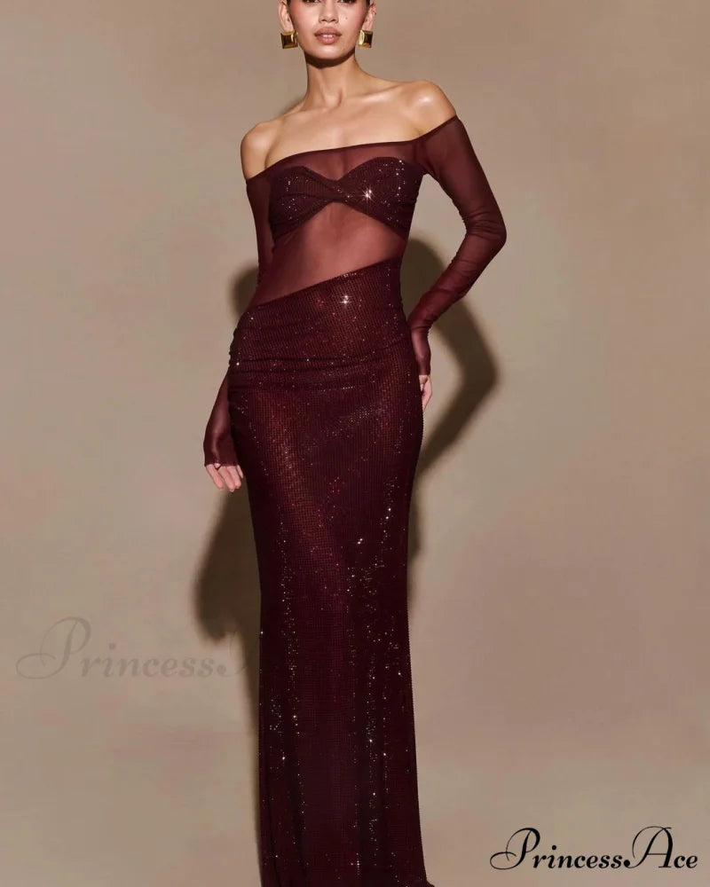 Stylish Single-Shoulder Sparkling Fitted Prom Gown red / XS promdress-250223