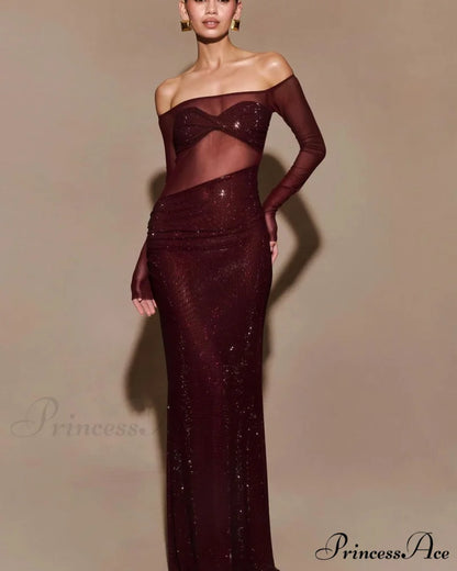 Stylish Single-Shoulder Sparkling Fitted Prom Gown red / XS promdress-250223