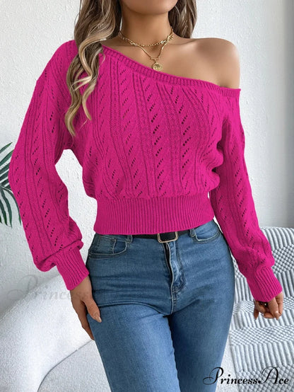 Stylish Slash Neck Off Shoulder Sweater Rose Red / S swraters-241228