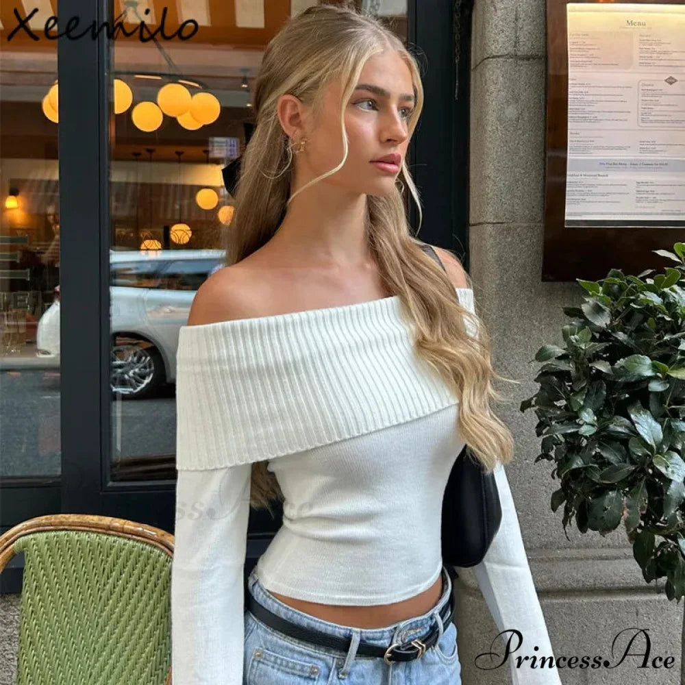 Stylish Slash-neck Ribbed Crop Top Sweater swraters-241228