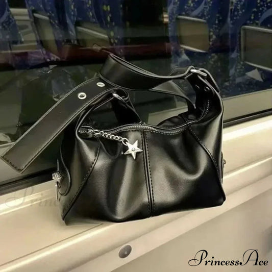 Stylish South Korean Vintage Tote Shoulder Bag Black / 19x12x13cm shoulder-250126