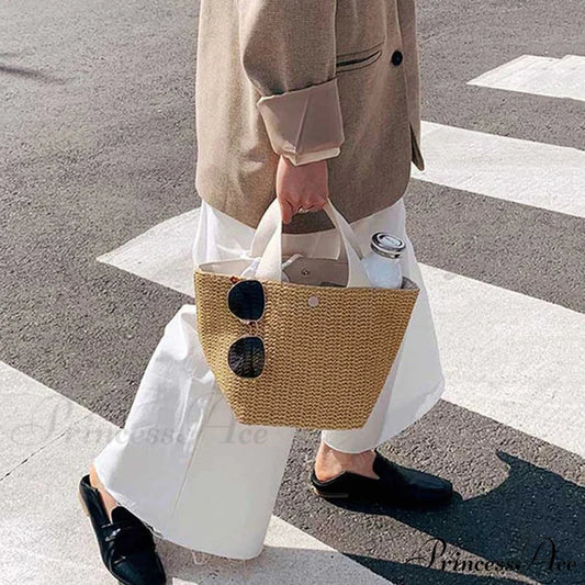 Stylish Straw Woven Beach Informal Top-Handle Shoulder Purse Beige handbag-250126