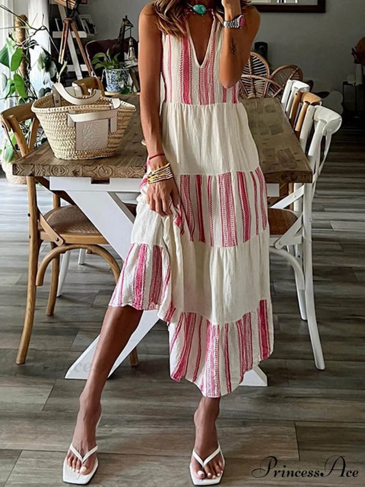 Stylish Striped Printed Charming V-Neck Sleeveless Midi Dress White / S