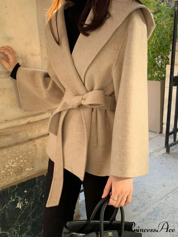 Stylish Tan Woolen Hooded Overcoat beige / One Size overcoats-241228