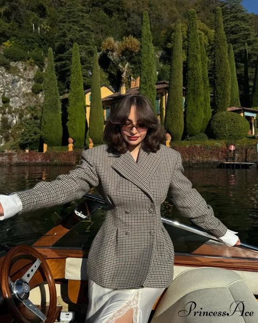 Stylish Tartan Slim Suit Lapel Coat Grey / S coats-241228