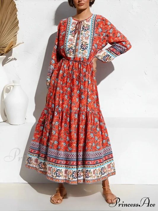 Stylish Tie-up Flower Pattern Bohemian Dress orange red / S bohodress-250126