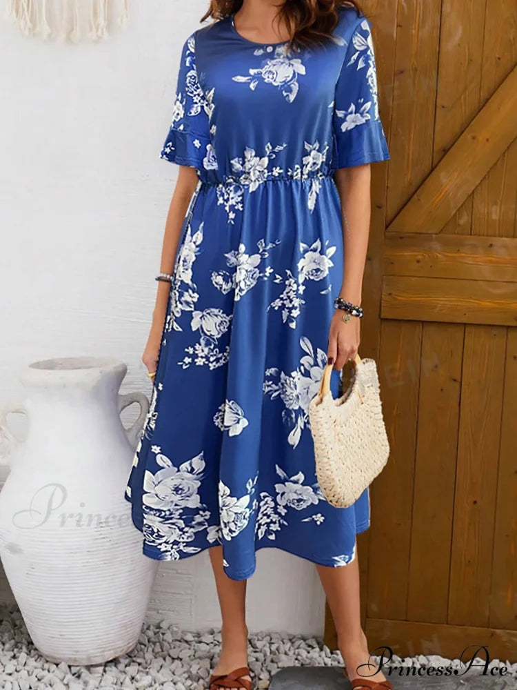 Stylish Trendy Printed Circular Neck Short Sleeve Floral Dress blue / S oldfloraldress-250126