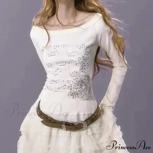 Stylish Trim Fit Versatile Grunge Lace Patch Knit Top white / S knittop-250126