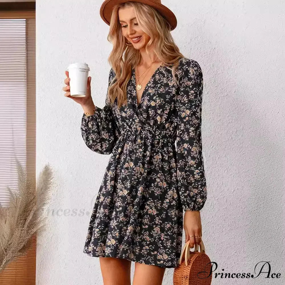Stylish V-Neck Floral Mini Chiffon Dress floraldress-250126