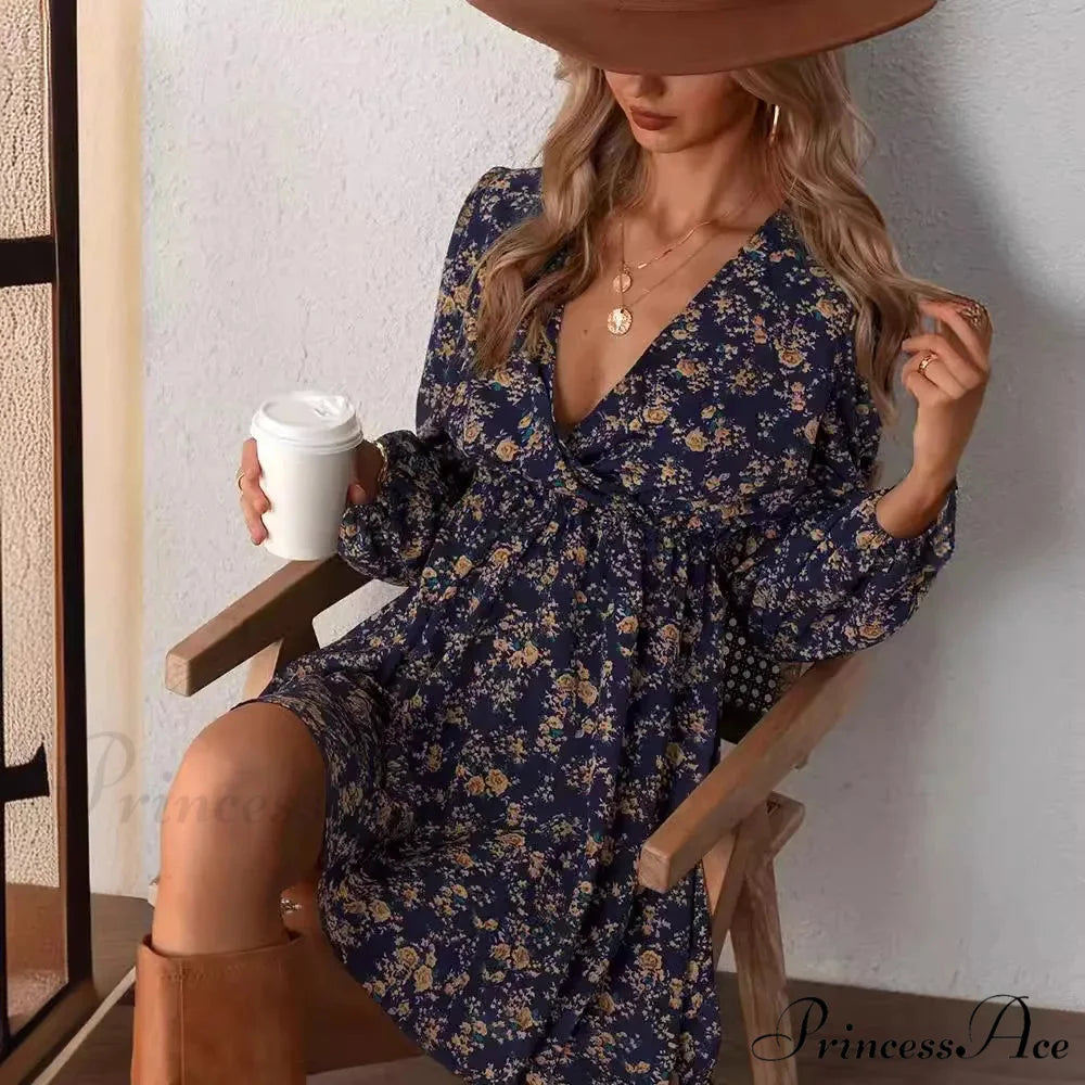 Stylish V-Neck Floral Mini Chiffon Dress floraldress-250126