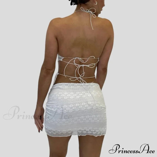 Stylish V Neck Halter Fasten Bandage Crop Top Mini Pencil Skirt Two Pieces Set twopiecesset-250126