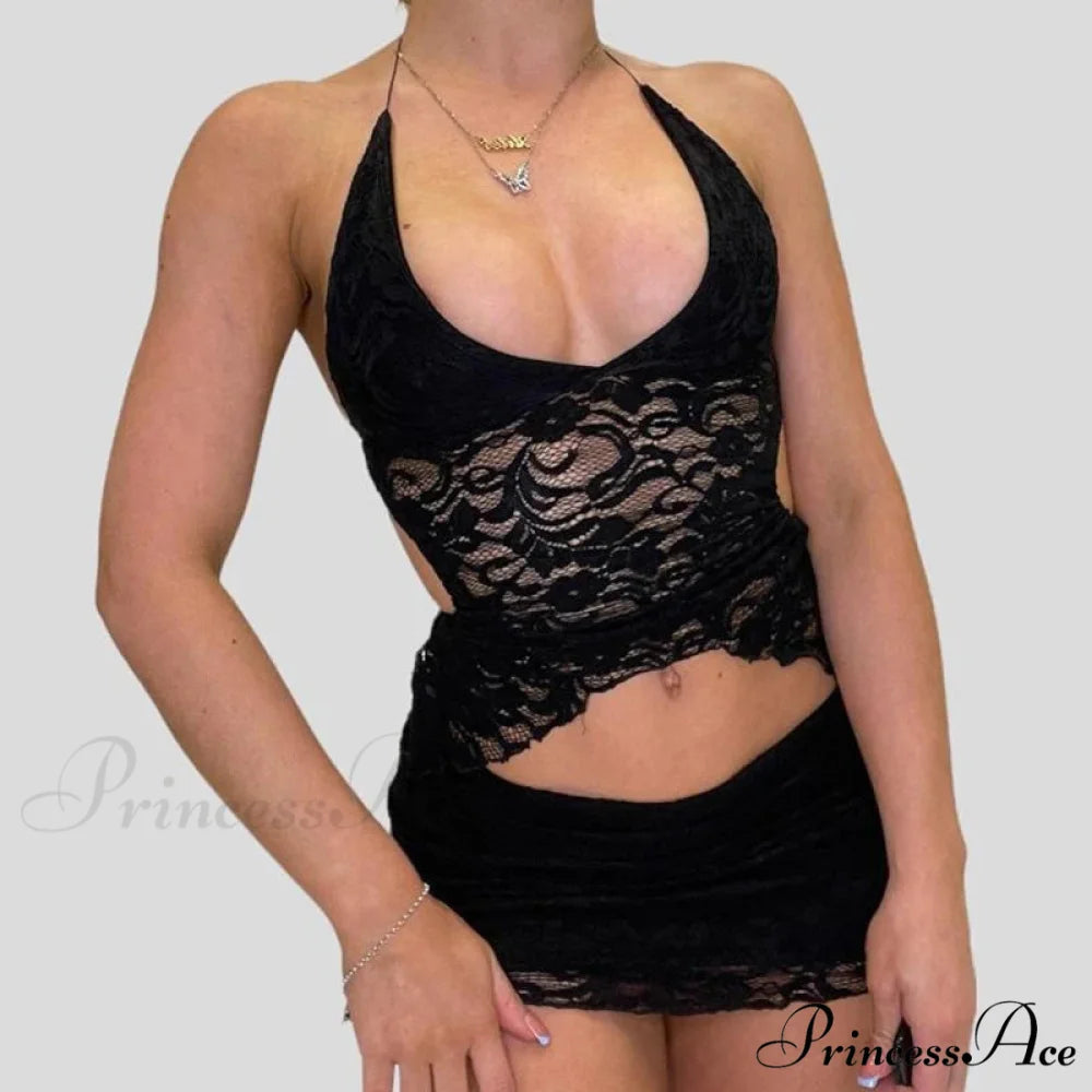 Stylish V Neck Halter Fasten Bandage Crop Top Mini Pencil Skirt Two Pieces Set twopiecesset-250126