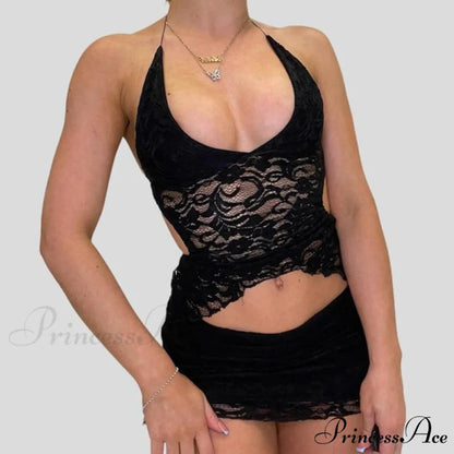 Stylish V Neck Halter Fasten Bandage Crop Top Mini Pencil Skirt Two Pieces Set twopiecesset-250126