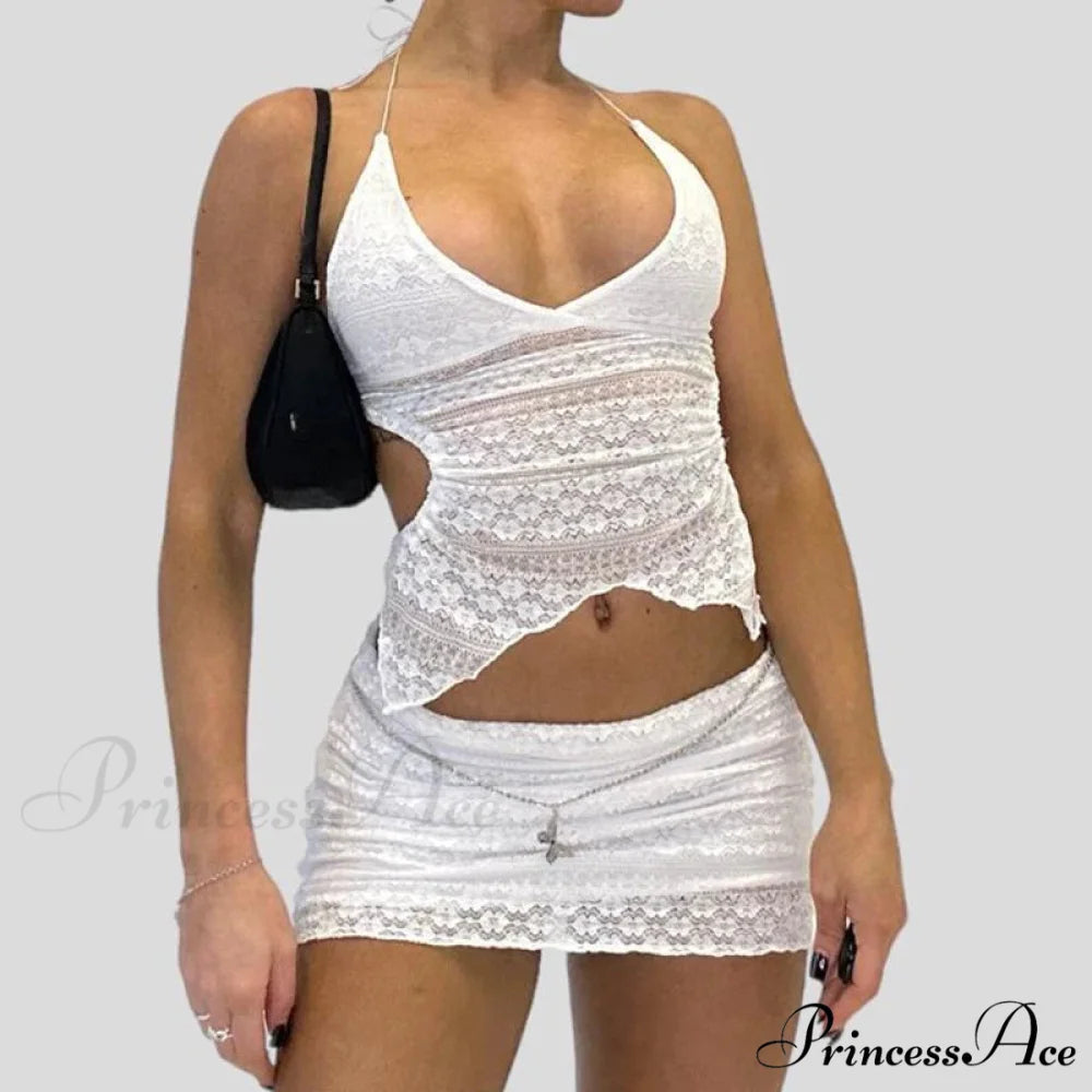 Stylish V Neck Halter Fasten Bandage Crop Top Mini Pencil Skirt Two Pieces Set WHITE / S twopiecesset-250126
