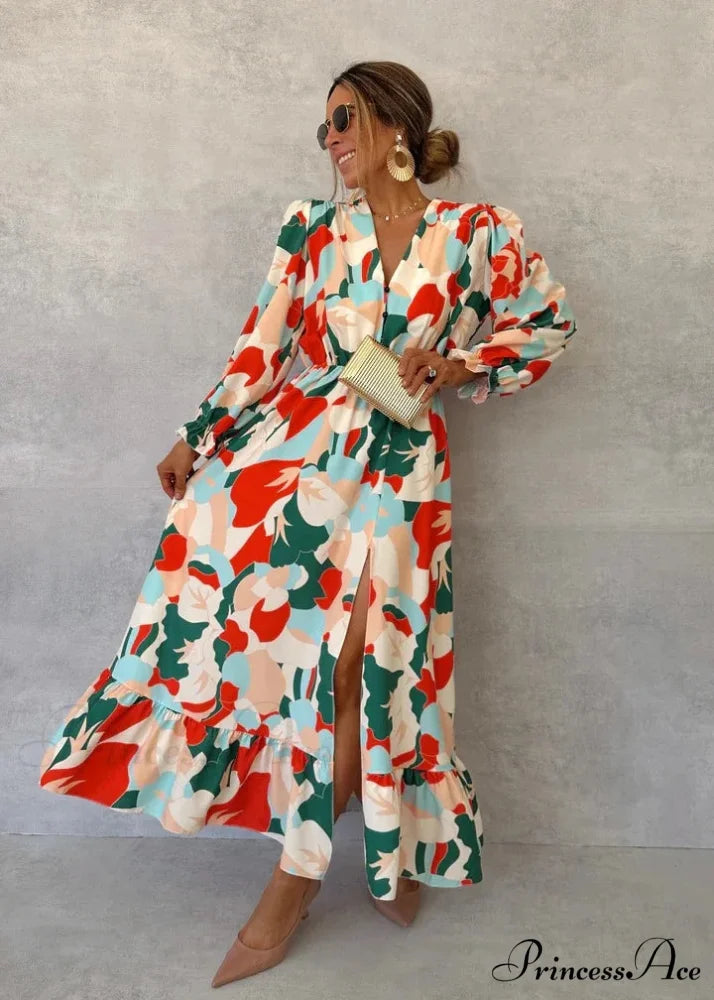 Stylish V-neck Patterned Floral Dress Image color / S oldfloraldress-250126