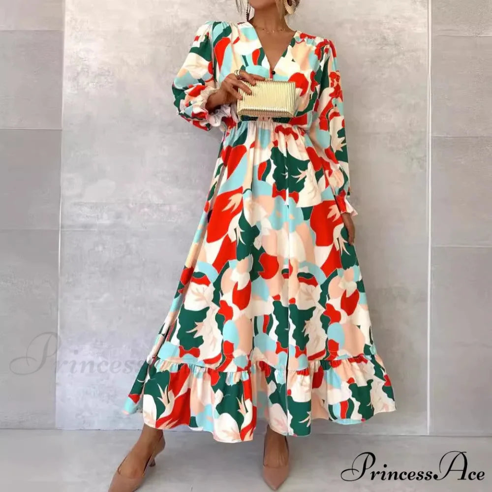 Stylish V-neck Patterned Floral Dress oldfloraldress-250126