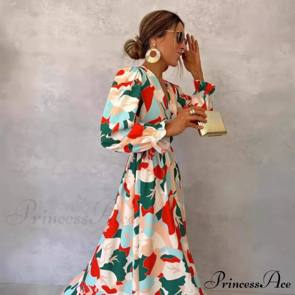 Stylish V-neck Patterned Floral Dress oldfloraldress-250126