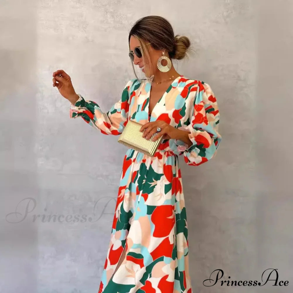 Stylish V-neck Patterned Floral Dress oldfloraldress-250126