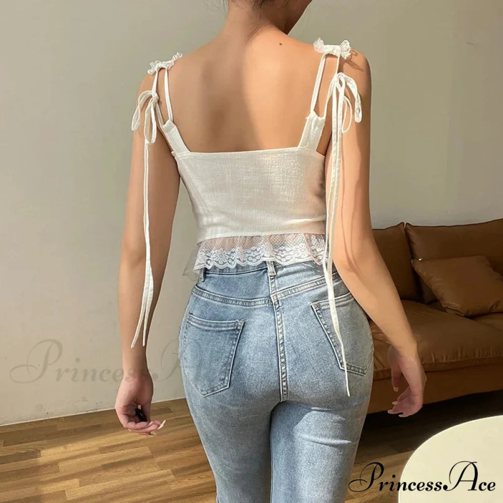 Stylish Vintage Lace Trim Bow Open Back Crop Top croptop-250126