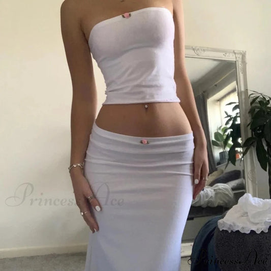 Stylish Women Chest Wrap Tube Tops + Low Rise Long Skirt Summer Strapless Camis Crop Tops Y2K Fairycore Vintage 2 Piece