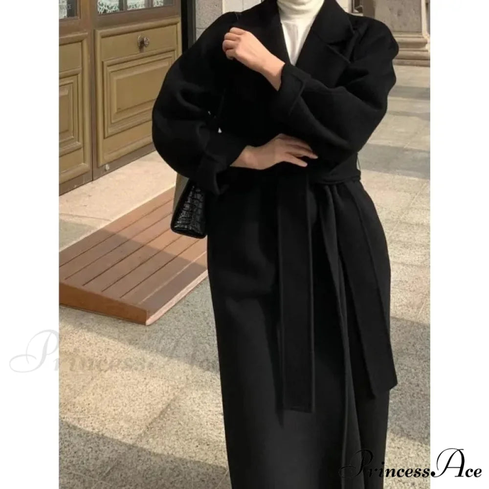 Stylish Woolen Cinched Long Overcoat Black / S overcoats-241228