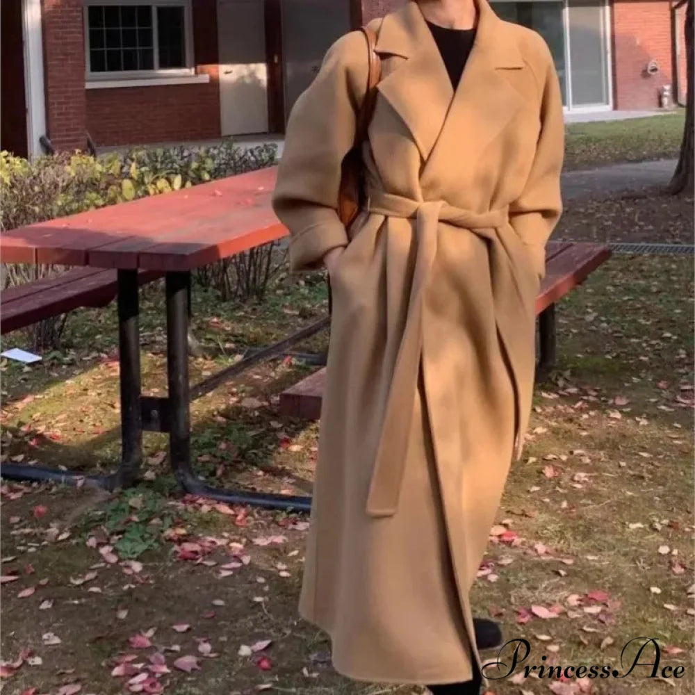 Stylish Woolen Cinched Long Overcoat Camel / S overcoats-241228