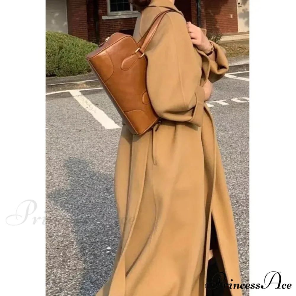 Stylish Woolen Cinched Long Overcoat overcoats-241228