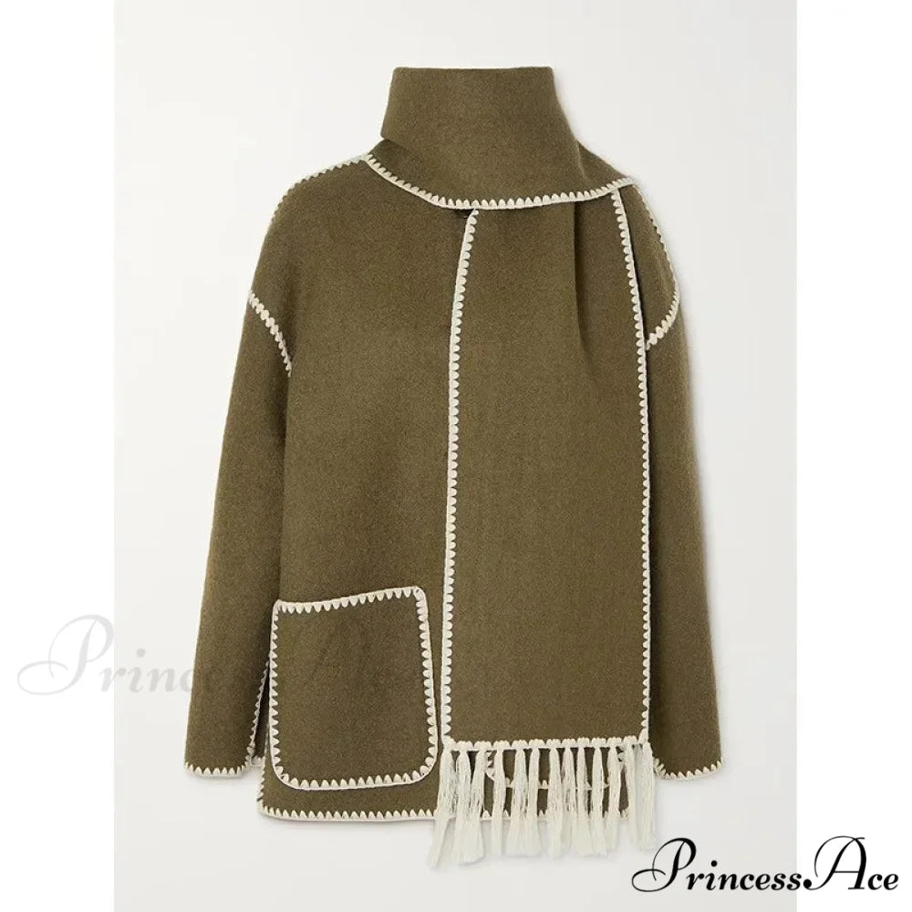 Stylish Woolen Coat With Scarf Fringes Overcoat Army green / S overcoats-241228