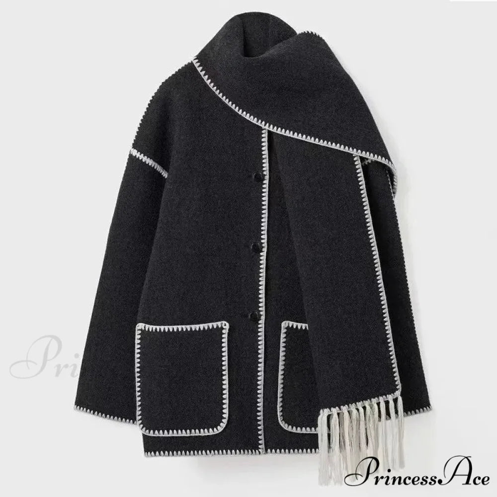 Stylish Woolen Coat With Scarf Fringes Overcoat black white / S overcoats-241228