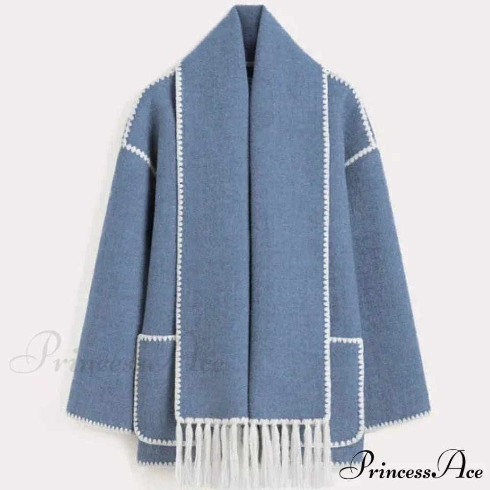 Stylish Woolen Coat With Scarf Fringes Overcoat Blue / S overcoats-241228