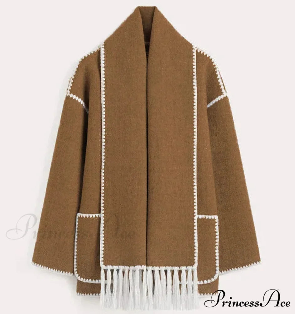 Stylish Woolen Coat With Scarf Fringes Overcoat Brown / S overcoats-241228