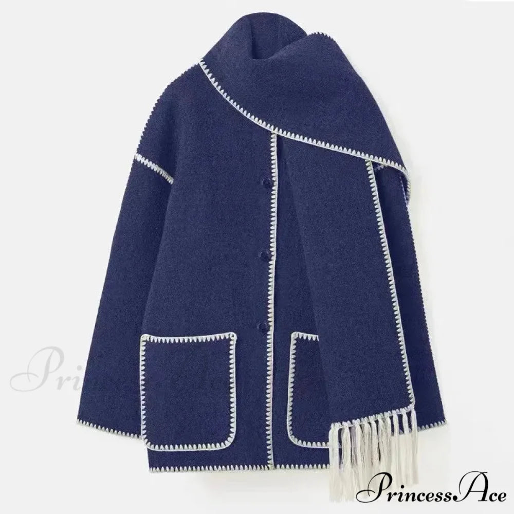 Stylish Woolen Coat With Scarf Fringes Overcoat dark blue / S overcoats-241228