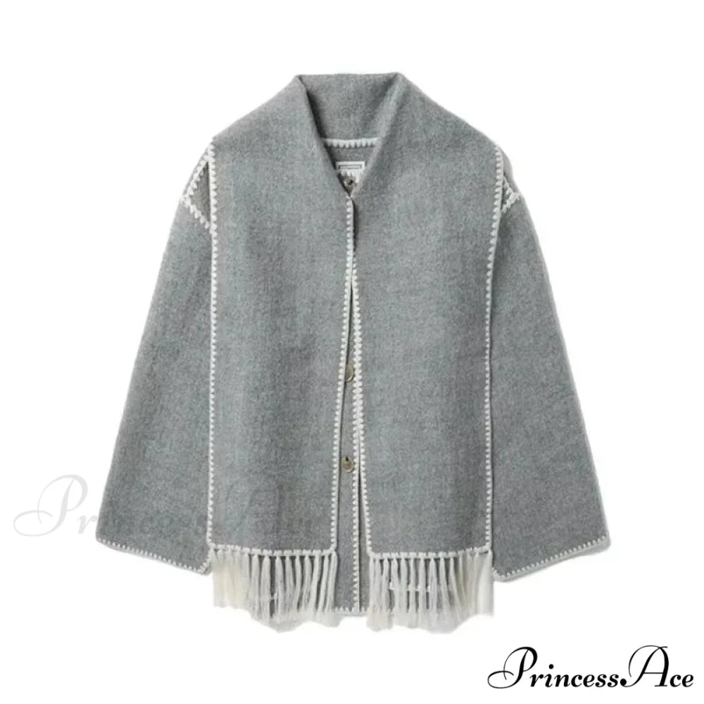 Stylish Woolen Coat With Scarf Fringes Overcoat gray / S overcoats-241228
