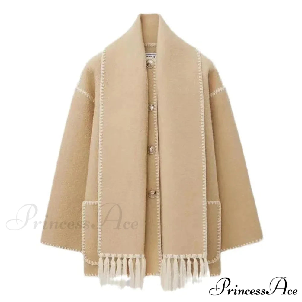 Stylish Woolen Coat With Scarf Fringes Overcoat khaki / S overcoats-241228