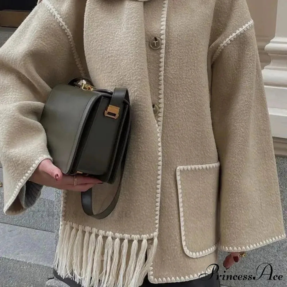 Stylish Woolen Coat With Scarf Fringes Overcoat light brown / S overcoats-241228