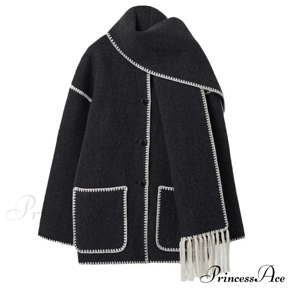 Stylish Woolen Coat With Scarf Fringes Overcoat overcoats-241228