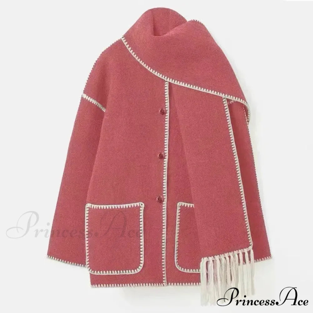 Stylish Woolen Coat With Scarf Fringes Overcoat Pink / S overcoats-241228