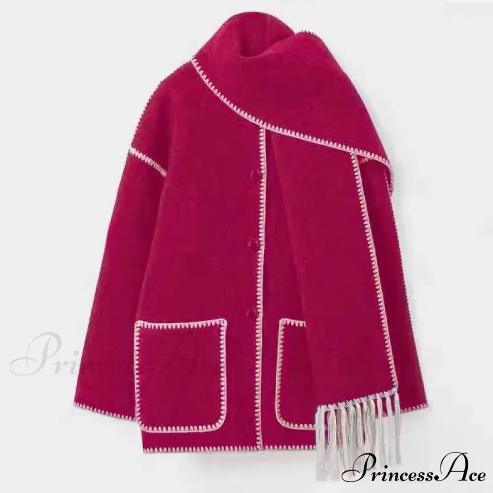 Stylish Woolen Coat With Scarf Fringes Overcoat rose red / S overcoats-241228