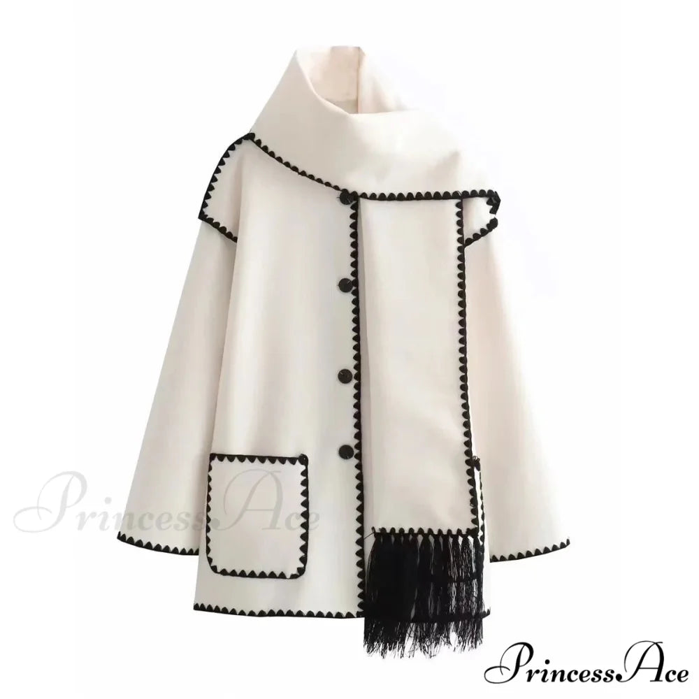 Stylish Woolen Coat With Scarf Fringes Overcoat White / S overcoats-241228
