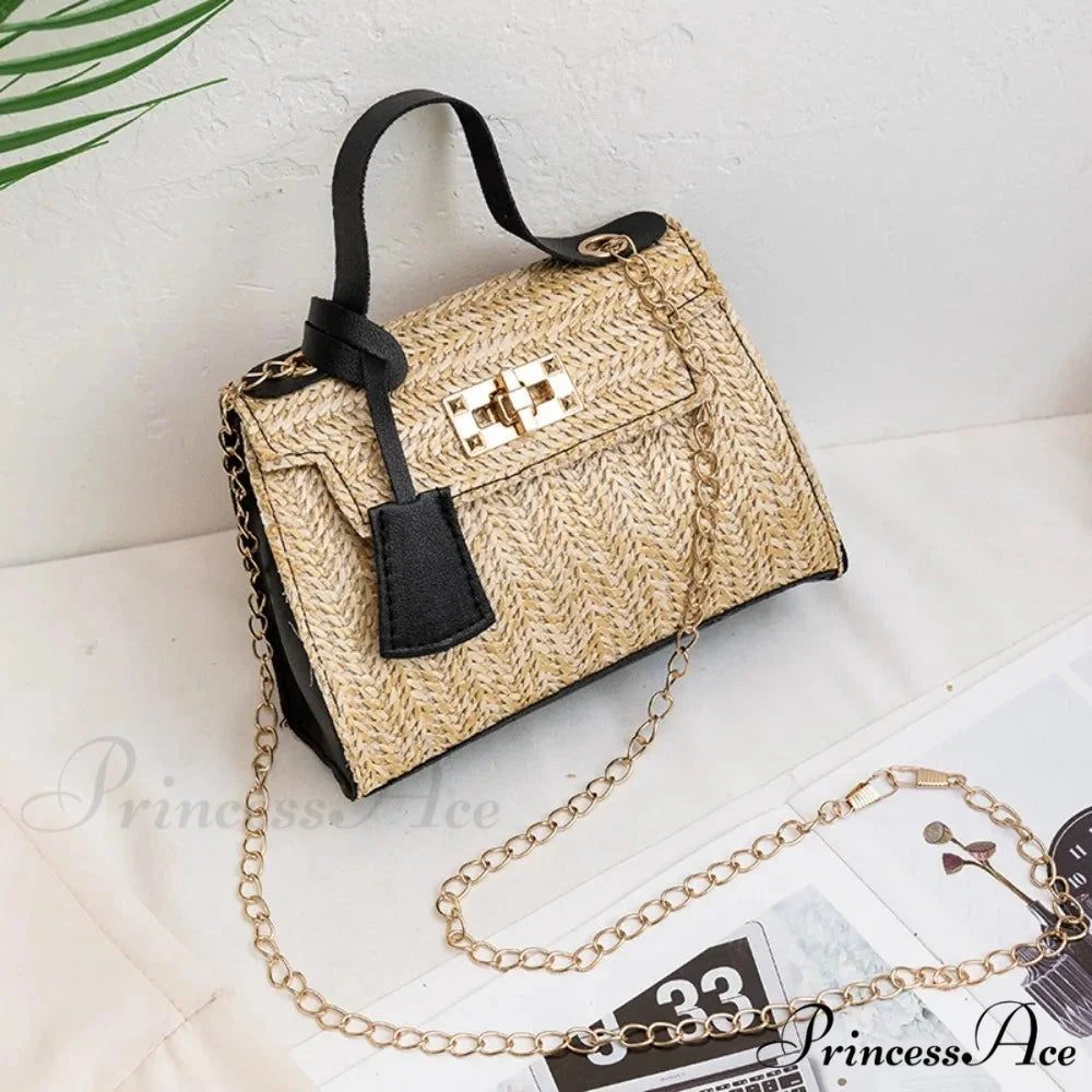 Stylish Woven Individuality Straw Purse Black handbag-250126