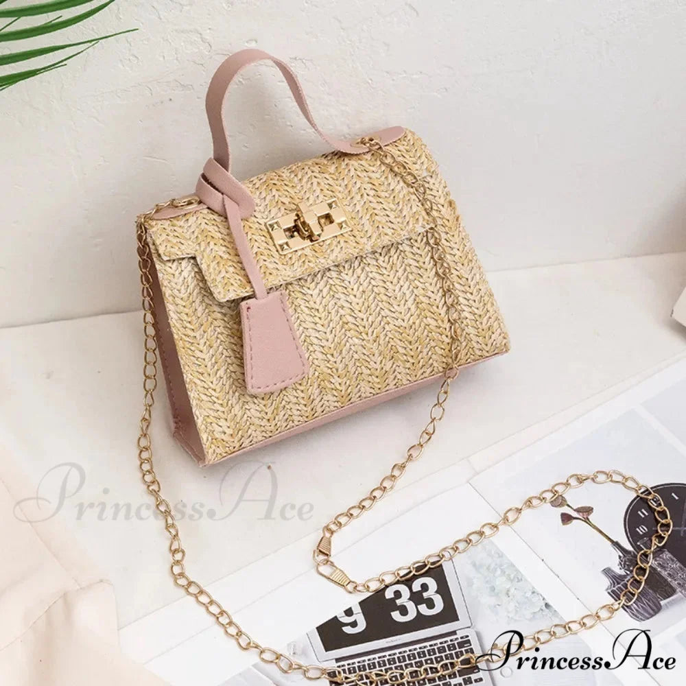 Stylish Woven Individuality Straw Purse Pink handbag-250126