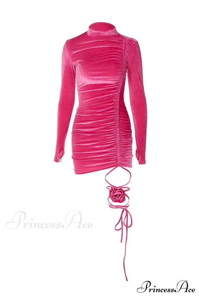 Suede Mock Neck Drawstring Floral Mini Dress