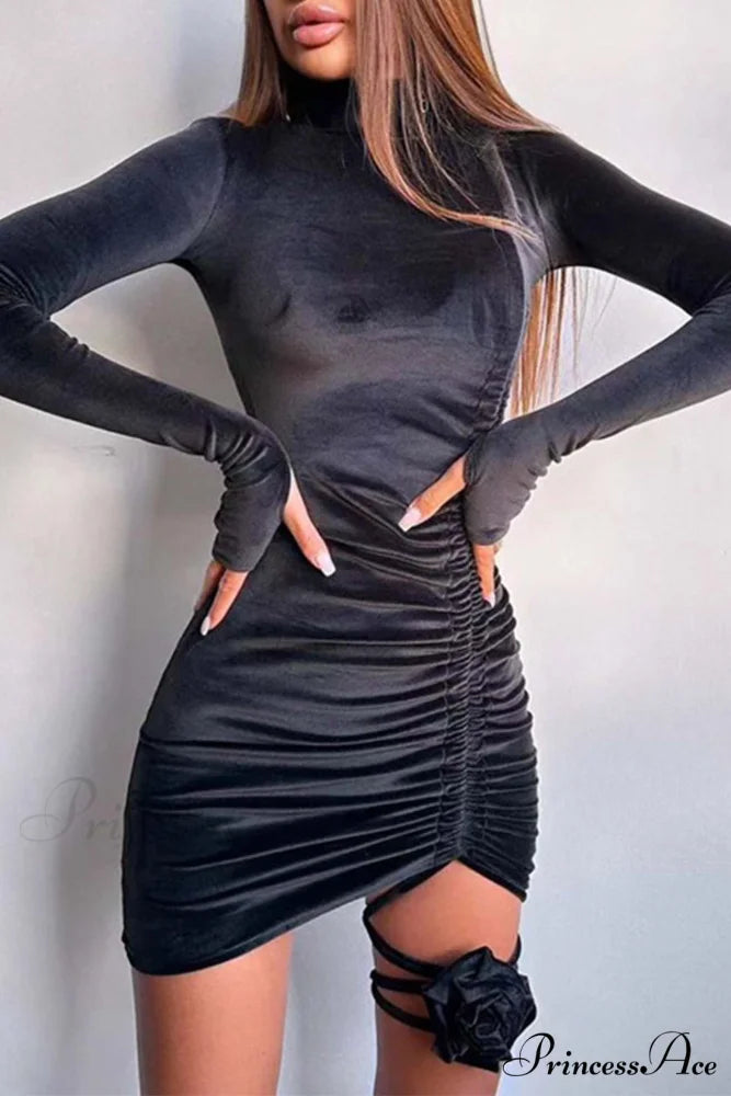 Suede Mock Neck Drawstring Floral Mini Dress Black / M