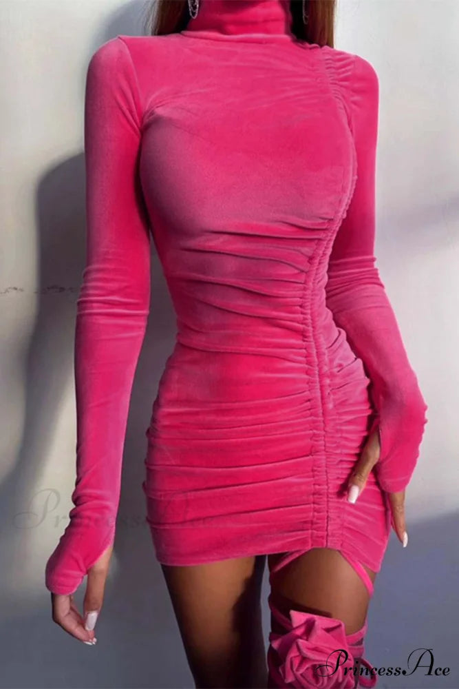 Suede Mock Neck Drawstring Floral Mini Dress Rose / S