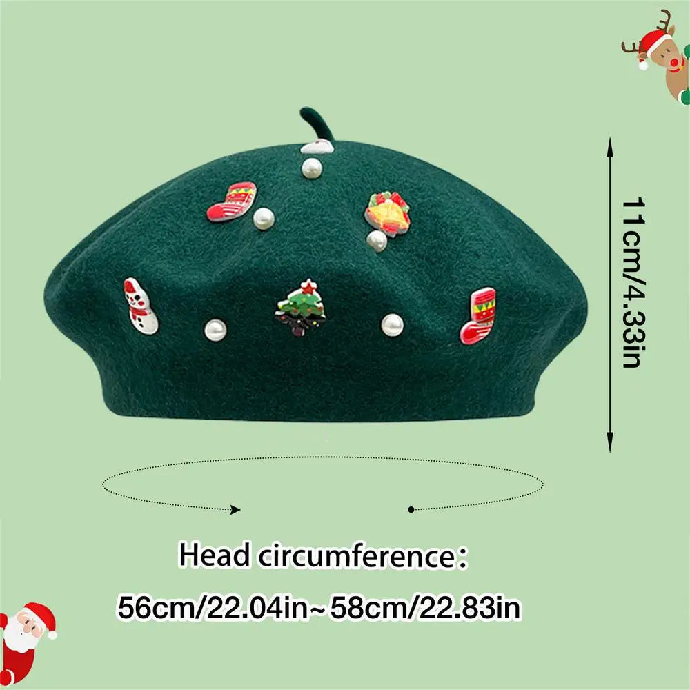 Cold Resistant Wool Korean Style Painter Christmas Beret Hat Green / A Hat-L