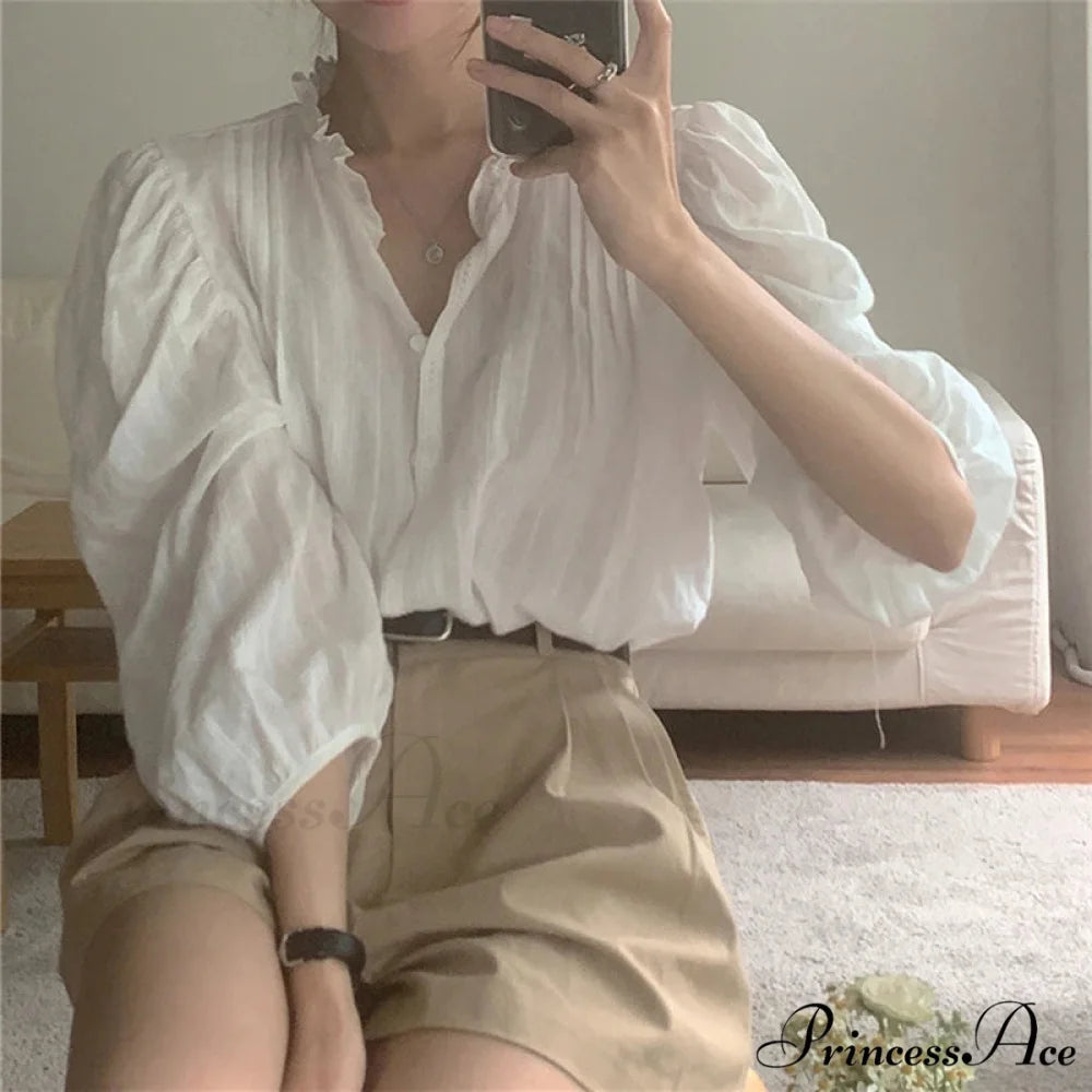 Sugary Balloon Sleeve Generous Retro Blouse WHITE / S blouse-250223