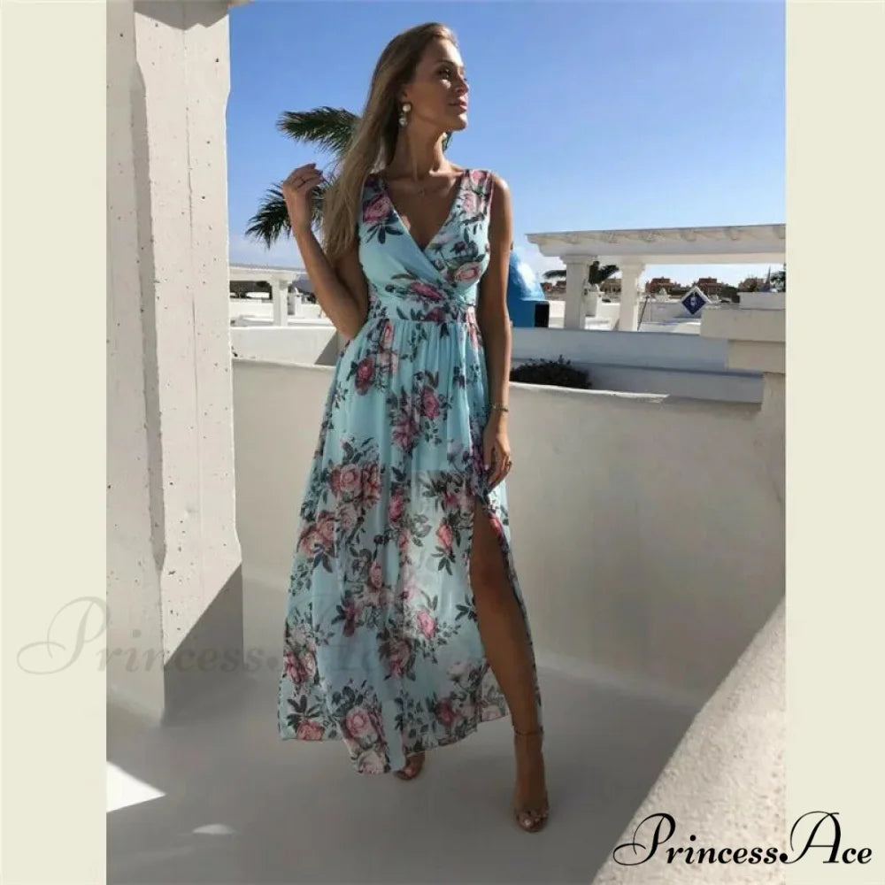 Summer Beach Party Sleeveless V-Neck Floral Long Boho Dress