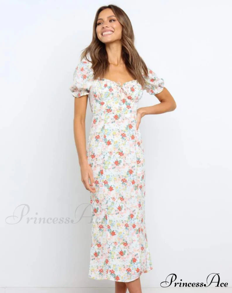 Summer Beach Sweet Dress with Puff Sleeves and Ruffles M / GREEN