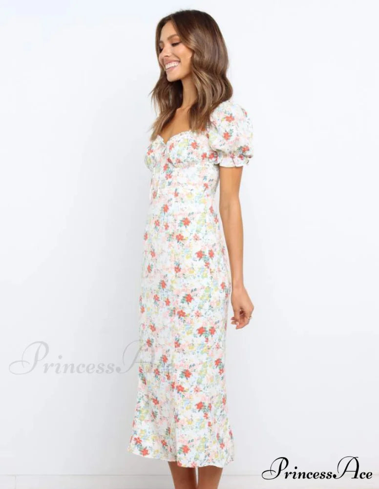 Summer Beach Sweet Dress with Puff Sleeves and Ruffles M / WHITE